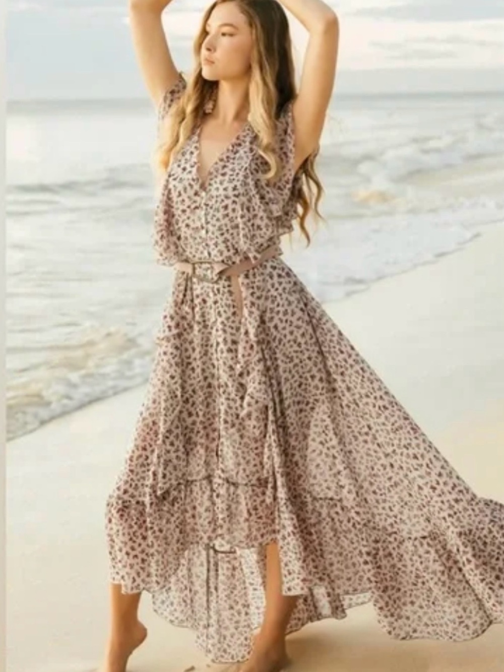 Floral Ruffle V-Neck Cass Maxi Dress in Cream Ditsy Floral